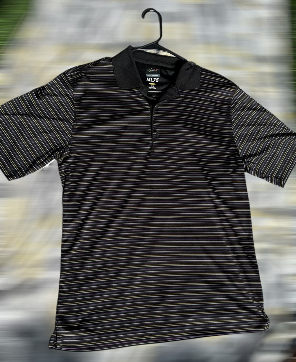 Greg Norman Polo Shirt Mens Medium Black Striped Play Dry Golf Performance Shark